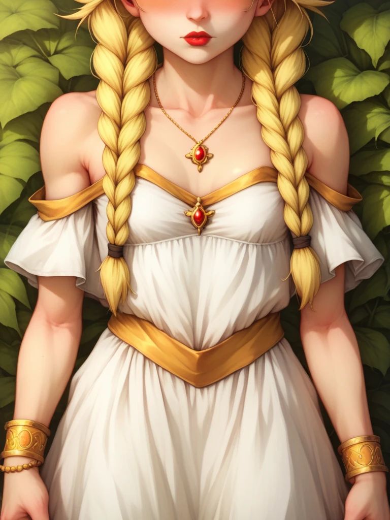 (Sfw:1.9), 1girl, loose dress, blonde adult femboy, 30-years old girl, shy face, shy eyes, golden irises, golden bracelets, sleek golden armlets, light pale red lipstick, smoky eyeshadow, heavy eyeliner, lush eyelashes, delicate body, delicate frame, perfect skin, perfect complexion, perfect make-up, (androgynous:1.2), (femboy:1.1), (front facing:1.8), (long hair:1.5), (partial braids:1.8), (multiple braids:1.6), (small breasts:1.4), (white dress:1.6), (loose dress:1.7), (golden jewelry:1.7), (body focus), (from front:1.3), (from abovee:1.1), (shoulders out:1.3), (calves out:1.3), (off shoulder:1.2), (perfect hands, perfect anatomy)