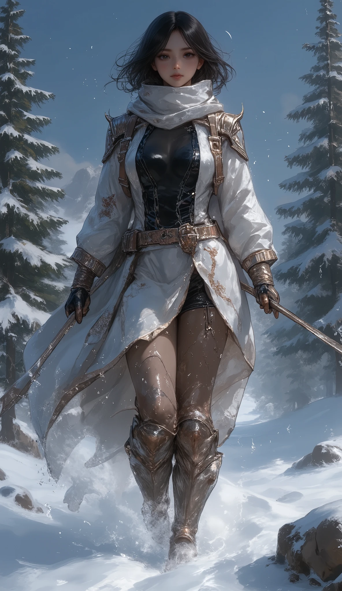 snowscape world, Movement, oil painting, a detailed painting, ink artistic conception, real paint texture, hyper-realistic, depth of field, (full body:1.3), fine facial features, dramatic lighting, Realistic, highly detailed, masterpiece, 8k, Cinematic Composition, dark moody vibe, Dramatic Shadows, Intricate and elaborate pattern, 30 megapixel, chiaroscuro lighting, moody color palette, deep contrast, realistic anime style, A fusion of the styles of Katsuya Terada, Range Murata, Akiman and JUNNY