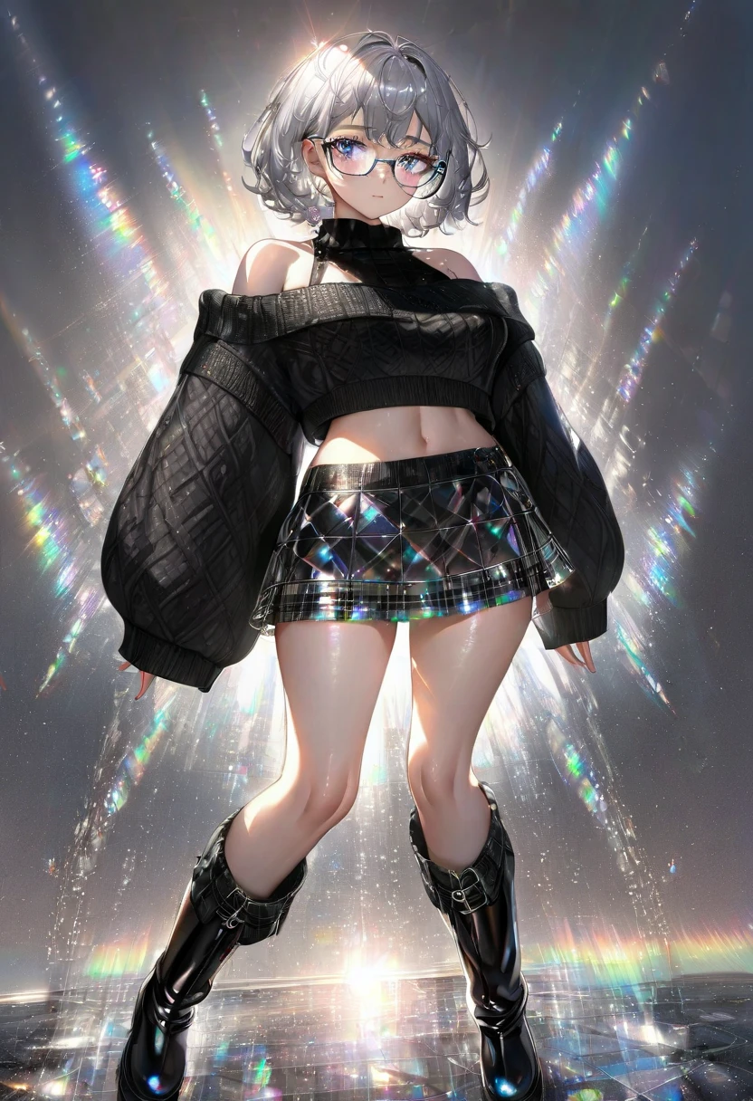 cool beauty, silver shiny silky messy wavy short hair, amorous and lewd expression, captivating eyes, glasses, superlative body proportion, wearing black wide open shoulderless crop top oversized knit fluffy girly sweater, burberry check flare skirt, black thigh-high boots, BREAK background iridescent sparkling water droplets reflecting the sunlight, ultra detailed, absolutely resolution, masterpiece