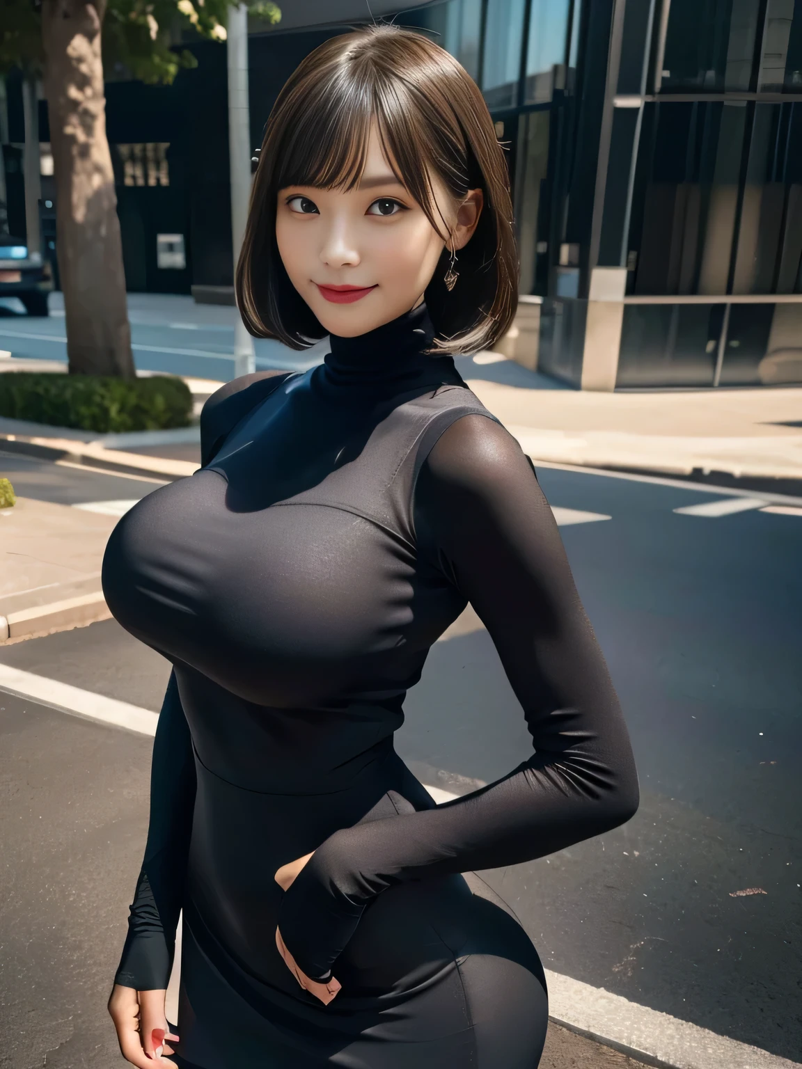 (Matte tight dress:1.3), High-neck, Long sleeve, Breasts accentuates, Breasts is in the frame, Tight short skirt, (Looking at the viewer:1.5), Outdoors,
8K Quality, (High Resolution:1.3), (Realistic photo:1.5), (Raw photo:1.3), Extremely detailed photo, Body that is depicted in ultra detail, Absolute masterpiece,
(Big breasts:1.2), (Lip make-up), Bangs, Short wavy bob, Ultra beautiful girl, Evil smile