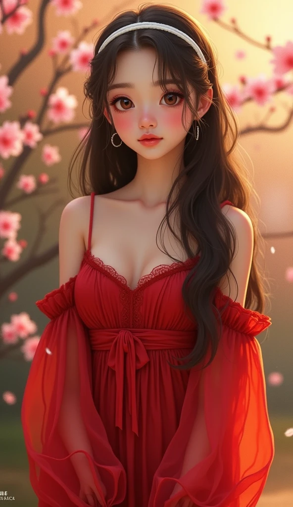 Portrait, (((photorealistic portrait))), (((hyperrealistic portrait))). Beautiful (sexy young woman), long dark hair, (beautiful face), (((correct anatomy, correct body proportions))), correct hands, correct hands, correct hands, ((beautiful hands)), ((smooth fingers)), (dressed) in red (((erotic lace transparent dress))), against the backdrop of a lake in the garden, a garden with beautiful flowers on the branches of trees, a beautiful sky, 8k uhd, dslr, soft lighting, quality, film grain, Fujifilm XT3