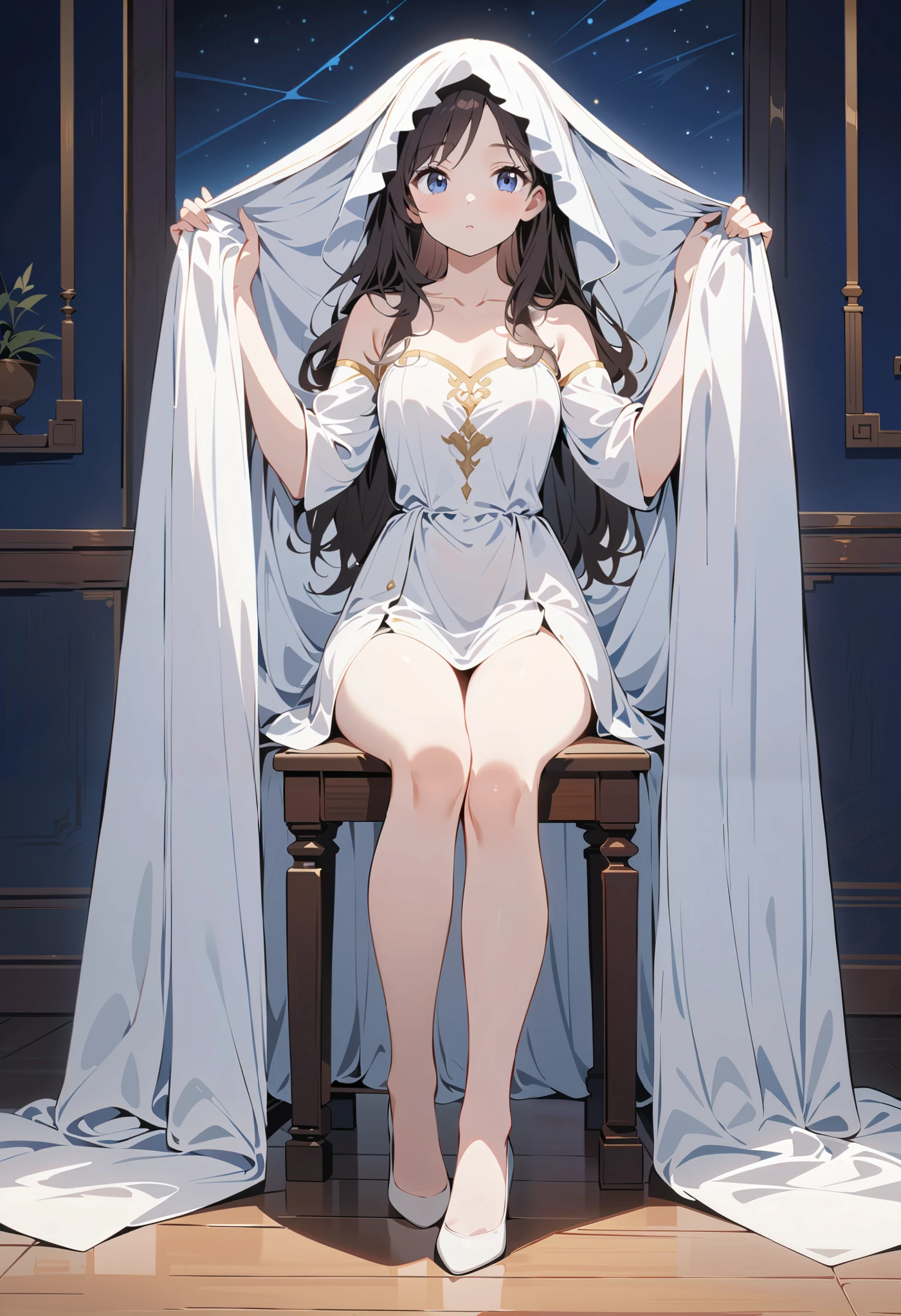 1 girl,Full body portrait,classical,plain and unadorned ,night,In the room,Sitting on a wooden chair,full,Dark hair , long hair, blue-black eyes , pure white robe with high openings on both sides, show your legs , showing arms , Skin tone ,Mature charm,Sweet and playful