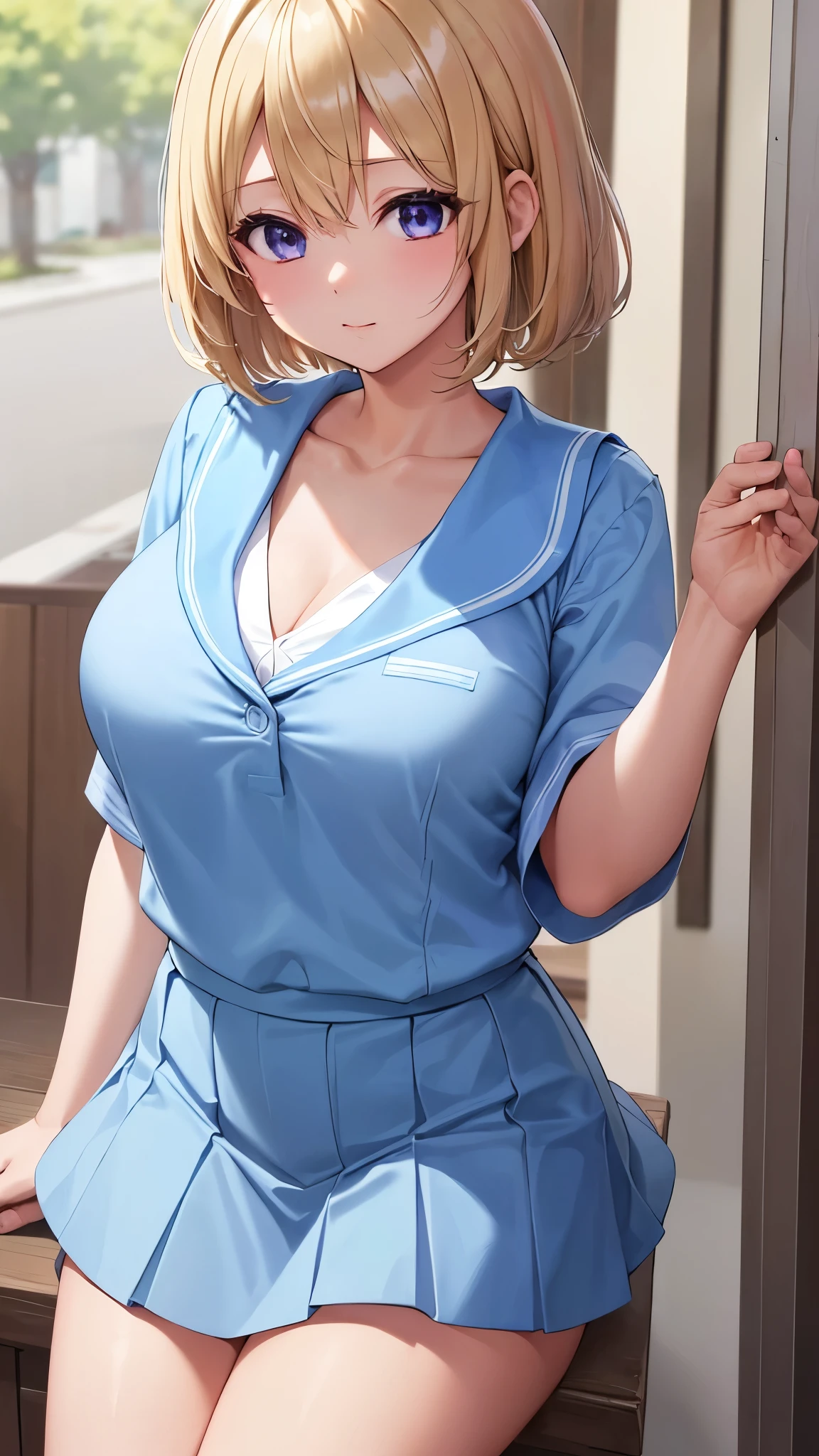 Umino Sachi 、  Masterpiece ,  best quality、  best quality,(8k resolution),Beauty、( looks like an adult), （  Sexy Perfect Style  ）、( Big Breasts )、 blonde bob cut、(White and blue sailor suit)、(  blue skirt)、(( Get closer to my chest ))、  purple eyes