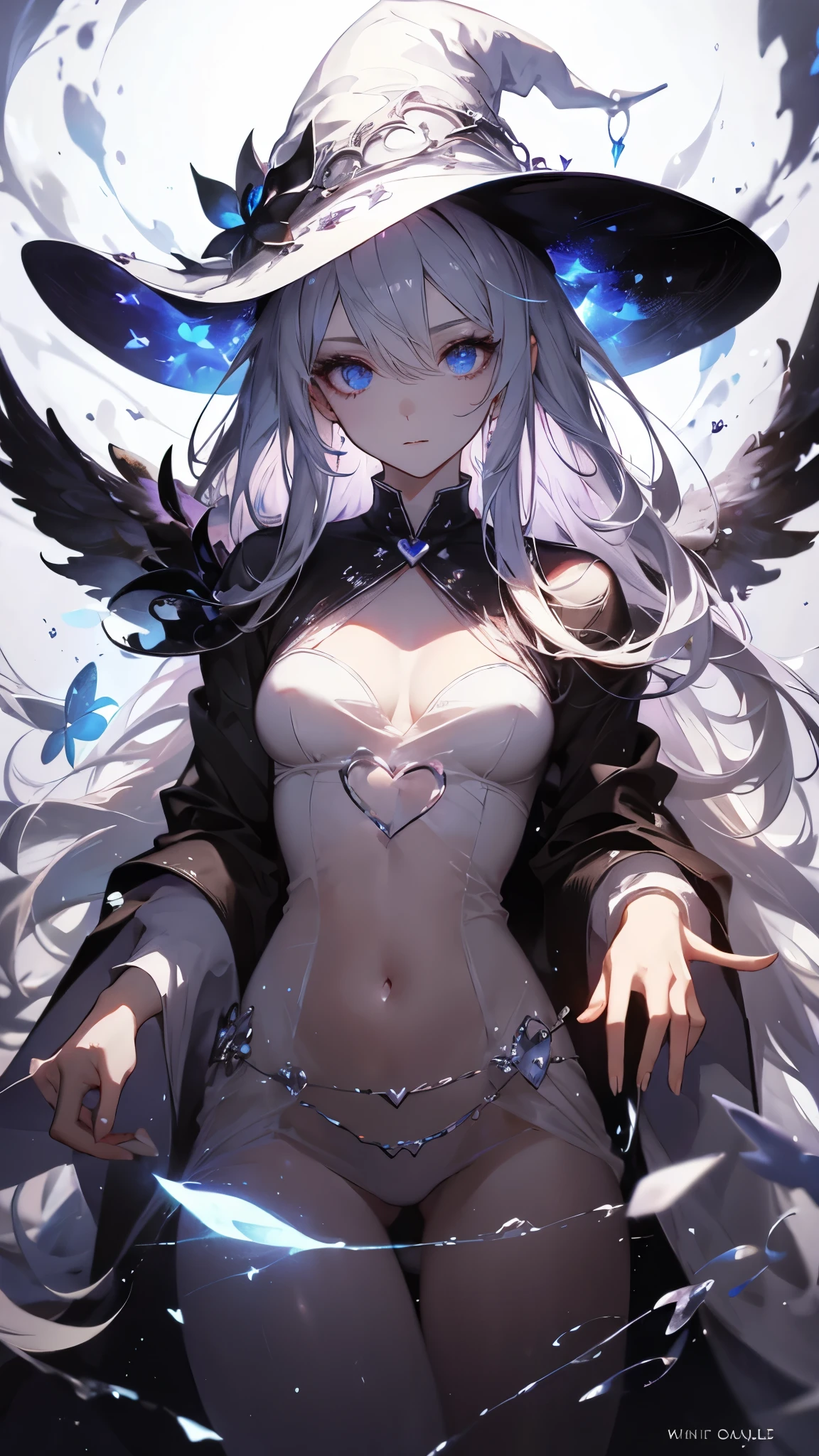  pure white background，masterpiece,  top quality ,  Detailed Facial  , whole body，Standing picture，beautiful magician，Magic Circle，Witch Hat，Smoky Eyes，transparent，  glittering eyes on the stomach  ，fantasy style，blood，Heart，Four Leaf Clover，sexy，white cloud dress