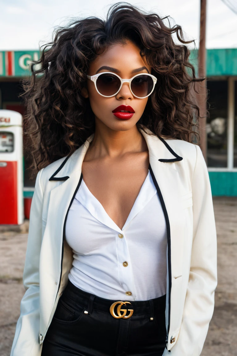 Portrait photograph, african american fashion woman with big lips, sunglasses by Gucci, abandoned vintage american Gas Station, young Black woman with long, curly dark hair wearing a white shirt and a black jacket