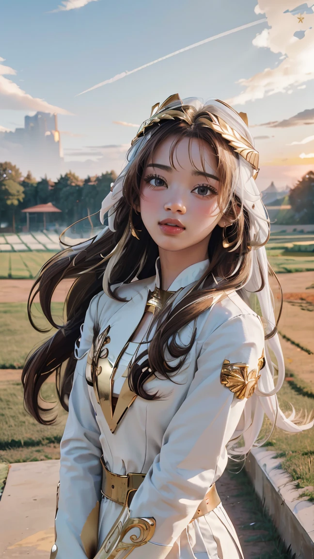 ((Masterpiece, best quality, very detailed), Volumetric light, surrounding occlusion, Rich and colorful, glow), 1 woman, lonely, young girl, (Brown bangs), long hair, radius, radius, sacred, goddess, Priesthood, (White suit with gold trim:1.3), armor, outdoor, sunset, sky, cloud, space, (Fantasy Theme:1.2),