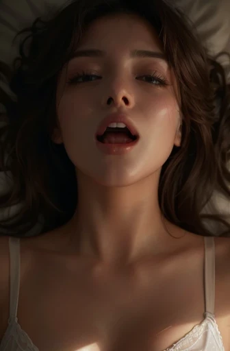 arafed gal gadot wonder woman in a white bra top laying on a bed, 8 k sensual lighting, mouth open, with mouth open, closeup. mouth open, mouth slightly open, luscious lips, photorealistic cgi, extremely close shot, sexy lips, soft lulling tongue, beautiful photorealistic imagery, mouth wide open, slightly open mouth, hyperrealistic cgi