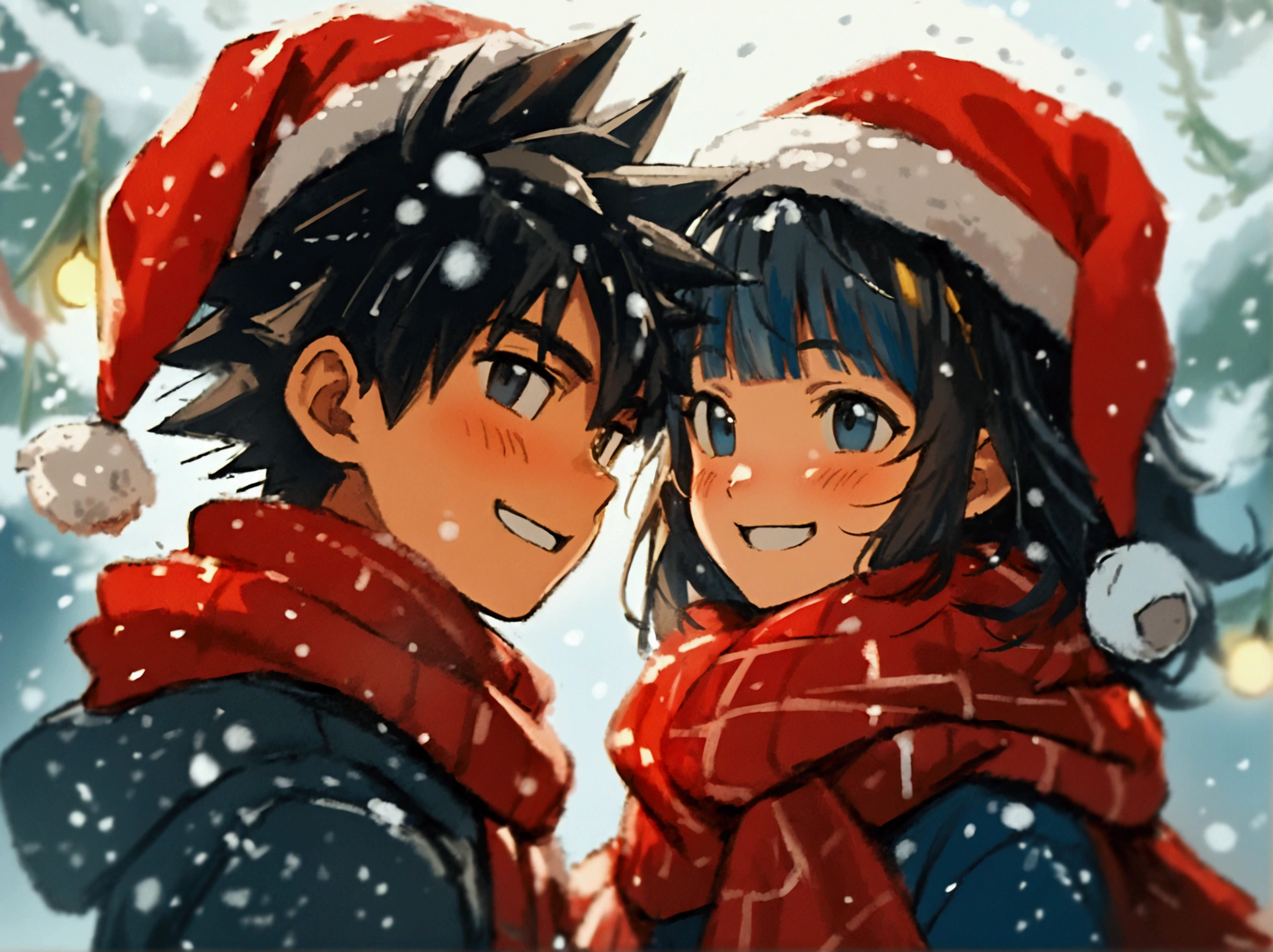 2d, masterpiece, best quality, anime, highly detailed, gawr gura & Goku, 1girl, 1boy, smiling, happy, slight blush, Christmas time, under the mistletoe, 2 people, snow, 