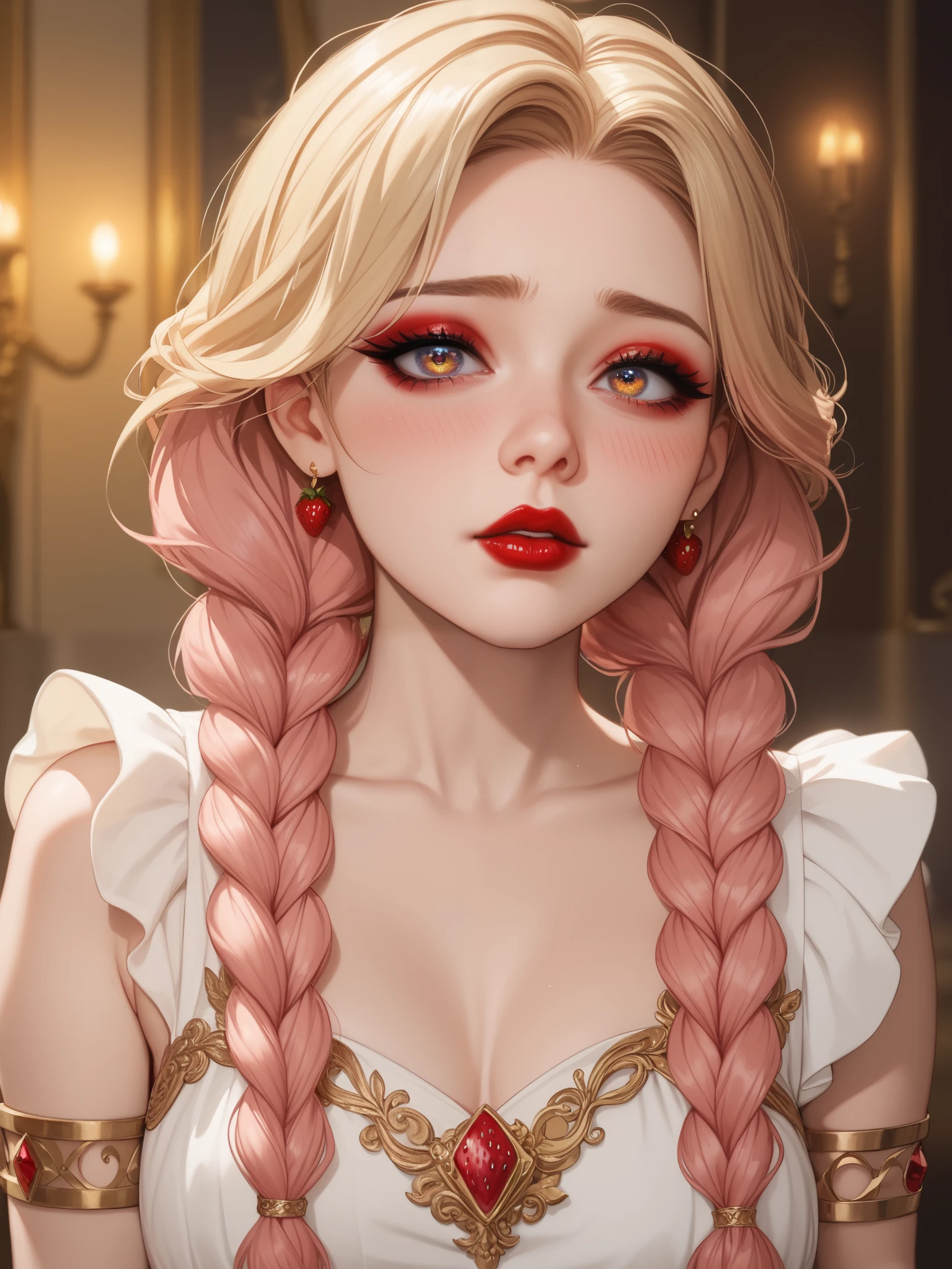 1woman, pretty face, gorgeous eyes, strawberry blonde crown braids, loose dress, light pink blush, blonde adult, 30-years old woman, shy face, shy eyes, has a crush on you, golden irises, golden bracelets, sleek golden armlets, light pale red lipstick, smoky eyeshadow, heavy eyeliner, eyelashes, delicate body, delicate frame, perfect skin, perfect complexion, perfect make-up
