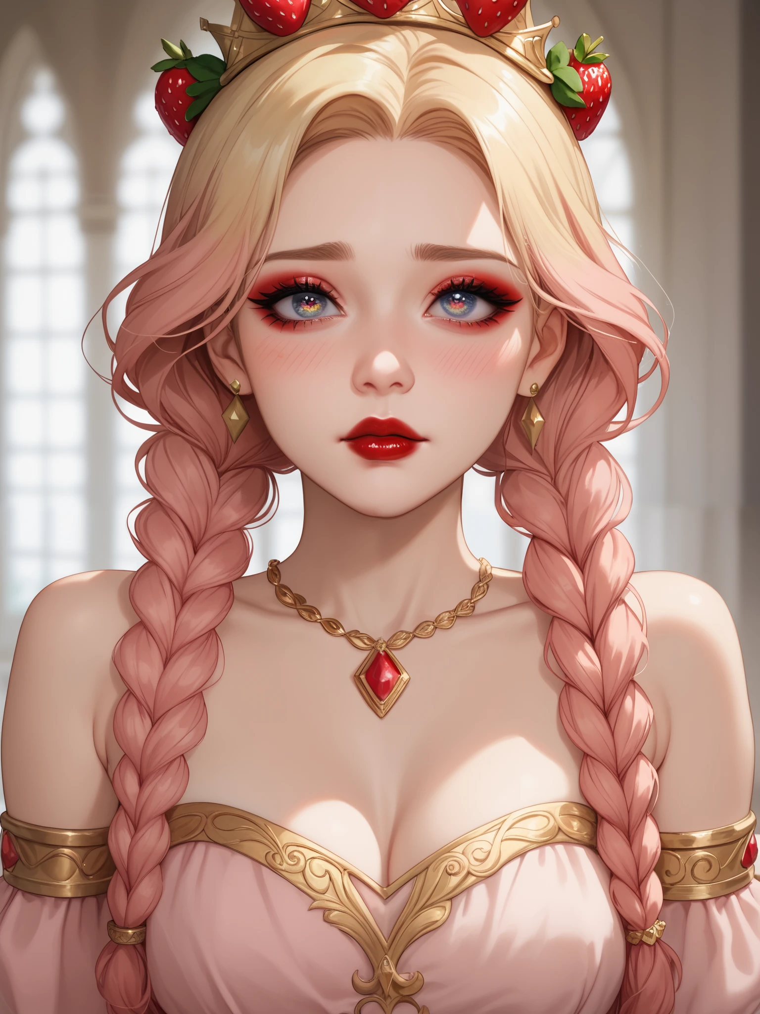 1woman, pretty face, gorgeous eyes, strawberry blonde crown braids, loose dress, light pink blush, blonde adult, 30-years old woman, shy face, shy eyes, has a crush on you, golden irises, golden bracelets, sleek golden armlets, light pale red lipstick, smoky eyeshadow, heavy eyeliner, eyelashes, delicate body, delicate frame, perfect skin, perfect complexion, perfect make-up