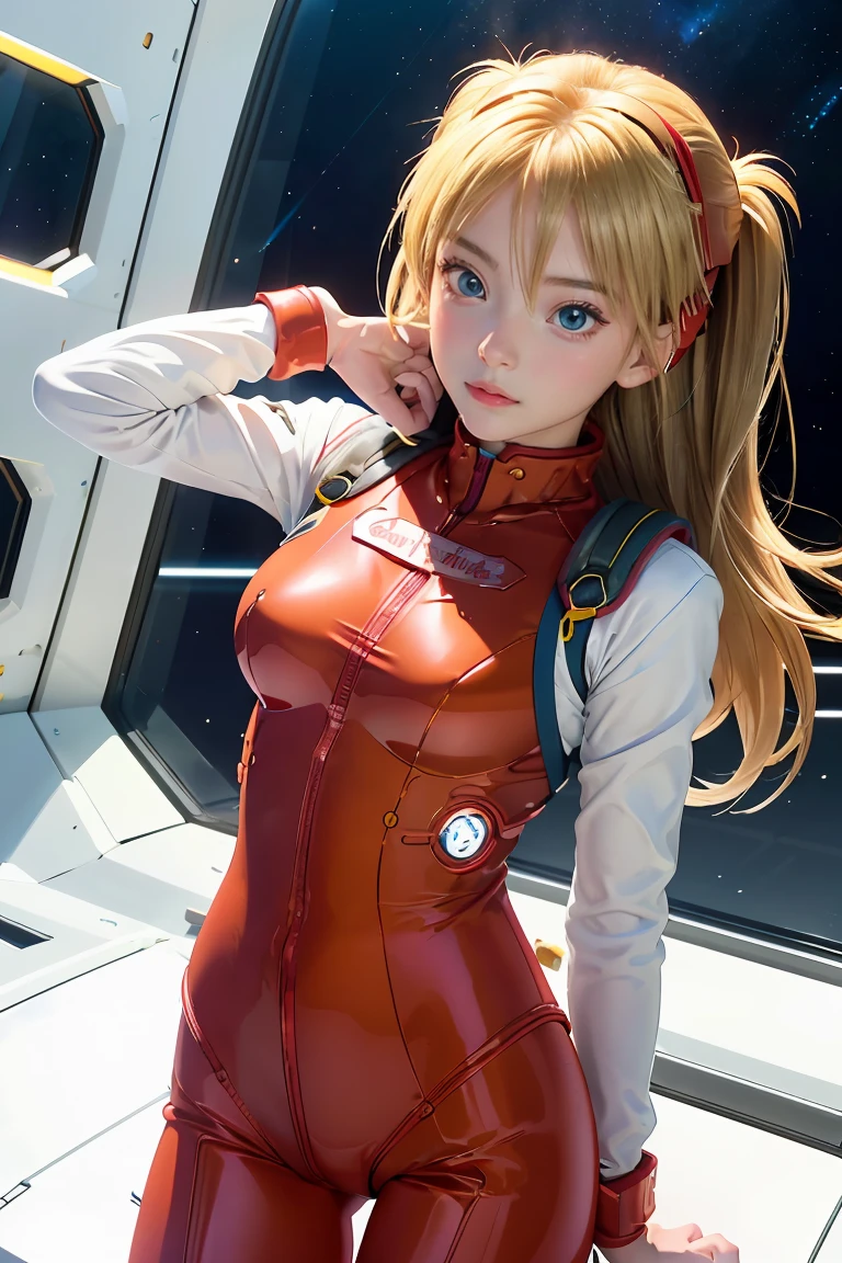 (Overhead view),dynamic angle,ultra-detailed, illustration, close-up, straight on, 1girl, 
 ((souryuu asuka langley, interface headset, red bodysuit:1.4, blonde)),Her eyes shone like dreamy stars,(glowing eyes:1.233),(beautiful and detailed eyes:1.1),(expressionless,closed mouth),(standing), 
(mechanic room with toolsand spaceship windowin a white SPACESHIP),
(night:1.2),dreamy, [[delicate fingers and hands:0.55]::0.85],(detail fingers),