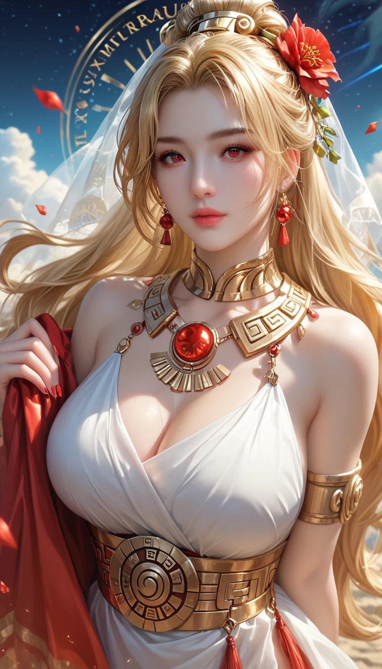 （Yellow plum、 High Quality 、 very detailed）， Zodiac Sign Taurus Goddess ， Huge Golden Bull ， Woman Stroking Taurus ，  Latin goodness ，Brave，Whimsical，Productivity， Face of Entrepreneurship and Humanity， Long Golden Hair， ancient Greek costume、Wrap dress，The background is space， Crystal Red Eye （Eye Details ），Strong Appearance 