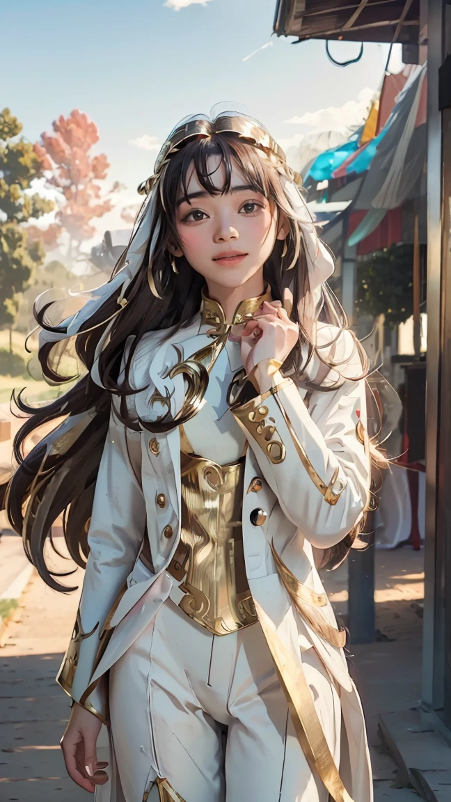 ((Masterpiece, best quality, very detailed), Volumetric light, surrounding occlusion, Rich and colorful, glow), 1 woman, lonely, young girl, (Brown bangs), long hair, radius, radius, sacred, goddess, Priesthood, (White suit with gold trim:1.3), armor, outdoor, sunset, sky, cloud, space, (Fantasy Theme:1.2),