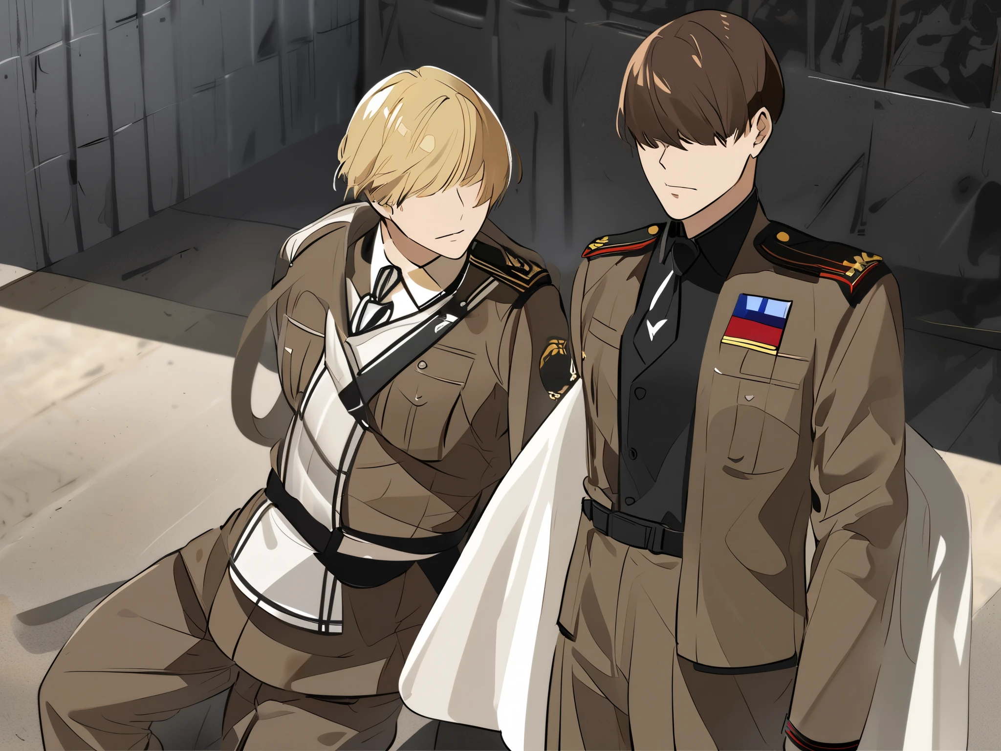 (((A sexy blond young adult male russian soldier is bending and getting spanked by his colleagues as punishment))), NSFW, hentai, pubic hair, ((red spanked butt)), butt focus, ((pixiv top rated)), ((pants pulled down:0.1)), (punishment kink), ((red butt spank marks:0.2)),