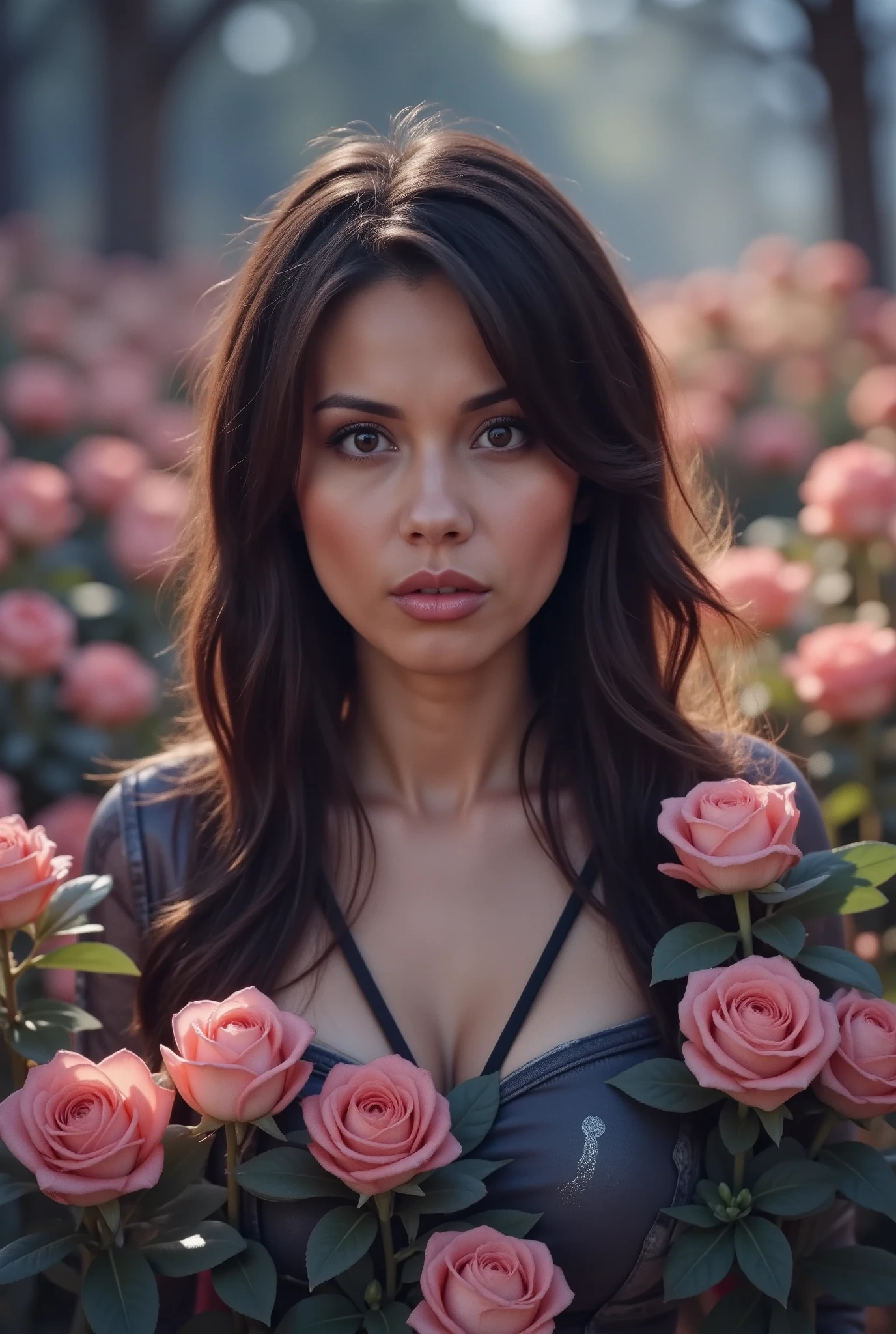 An image of l3x4doigflx, alone, dark hair, surrounded by flowers and dim lights , with an abstract pastel background