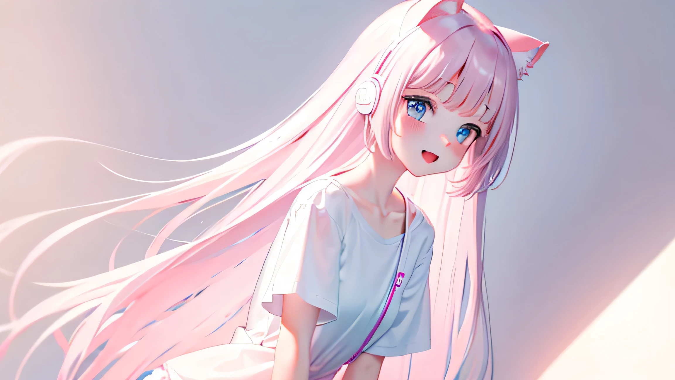 Anime girl with long pink hair and blue eyes sitting on a stool - SeaArt AI
