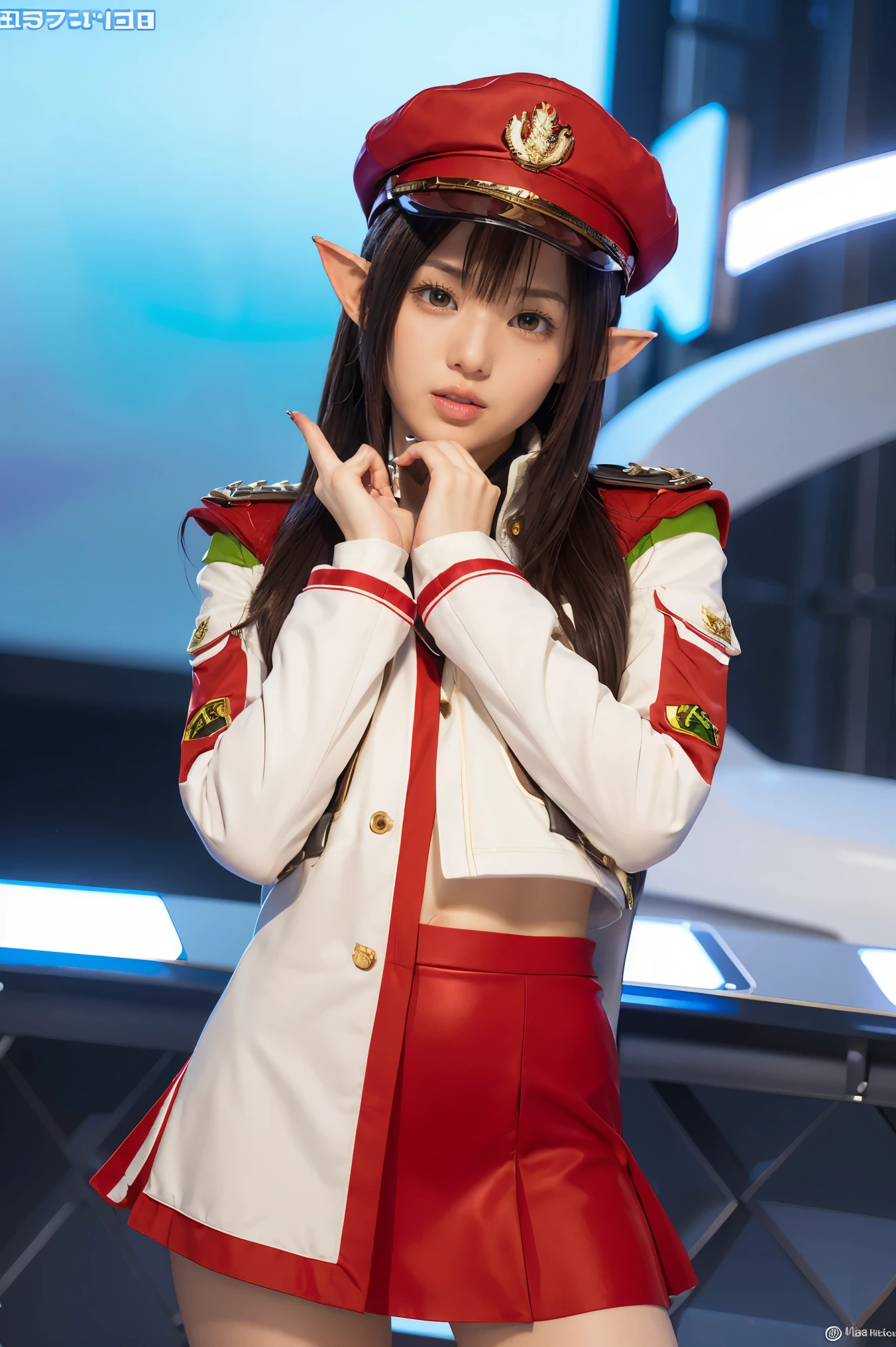 Create a highly detailed 3D rendering of a character named Ulc from SEGA's PSO2. The character is an elf-like female with pointed ears and long, straight, dark red hair. She wears a futuristic, military-style uniform with gray and white colors. (small military garisson cap), The uniform includes a fitted jacket with intricate white designs, shoulder epaulets, and a skirt. She has a serious expression and is depicted with one hand near her ear as if she is communicating through a device.  (shiny skin)