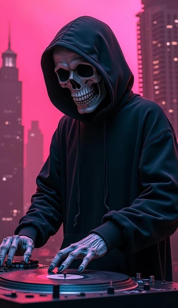 arafed skull in a hoodie and backpack walking down a city street, cyberpunk skeleton, hooded skull, portrait of a cyber skeleton, cyberpunk street goon, cyberpunk horror style, stylized urban fantasy artwork, cyberpunk style ， hyperrealistic, hyper-realistic cyberpunk style, dark but detailed digital art, cyber skeleton, cyberpunk hacker, background artwork