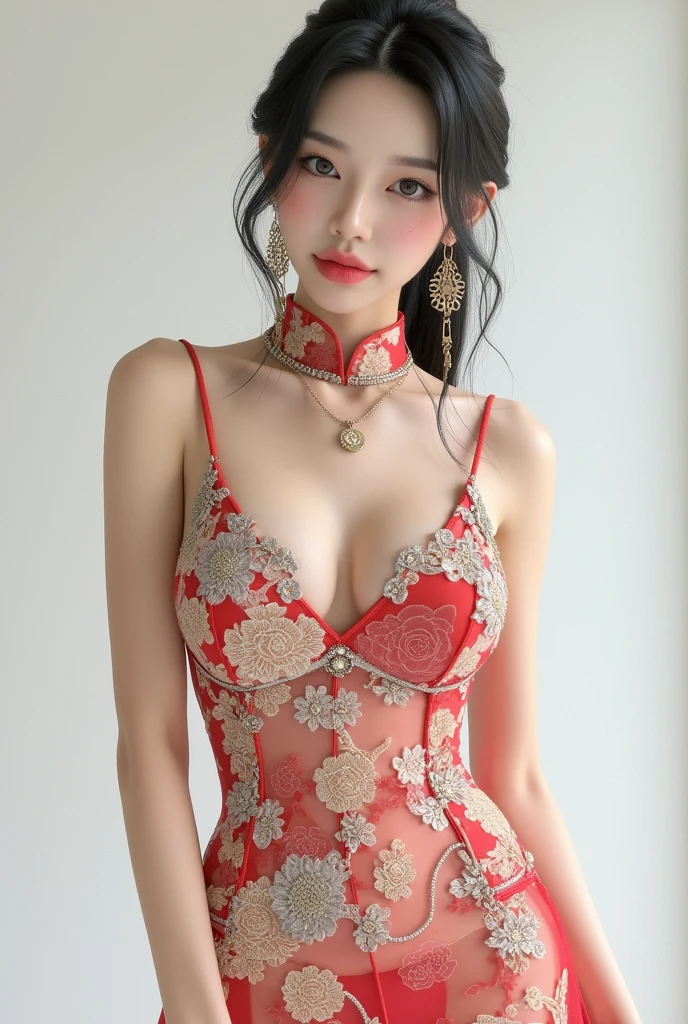 full body shot of a cool girl with a playful expression wearing a stylish modernized Qipao dress. Her outfit seamlessly blends traditional Chinese elements with a contemporary twist. High detail,8k resolution,masterpiece,best quality,intricate details,ray tracing,unreal engine 5 rendering,full body,Guochao fashion,modernized Qipao,playful expression.,