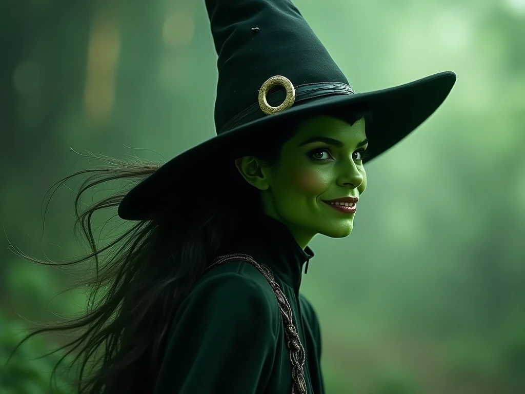 young wicked green elphaba, half body portrait