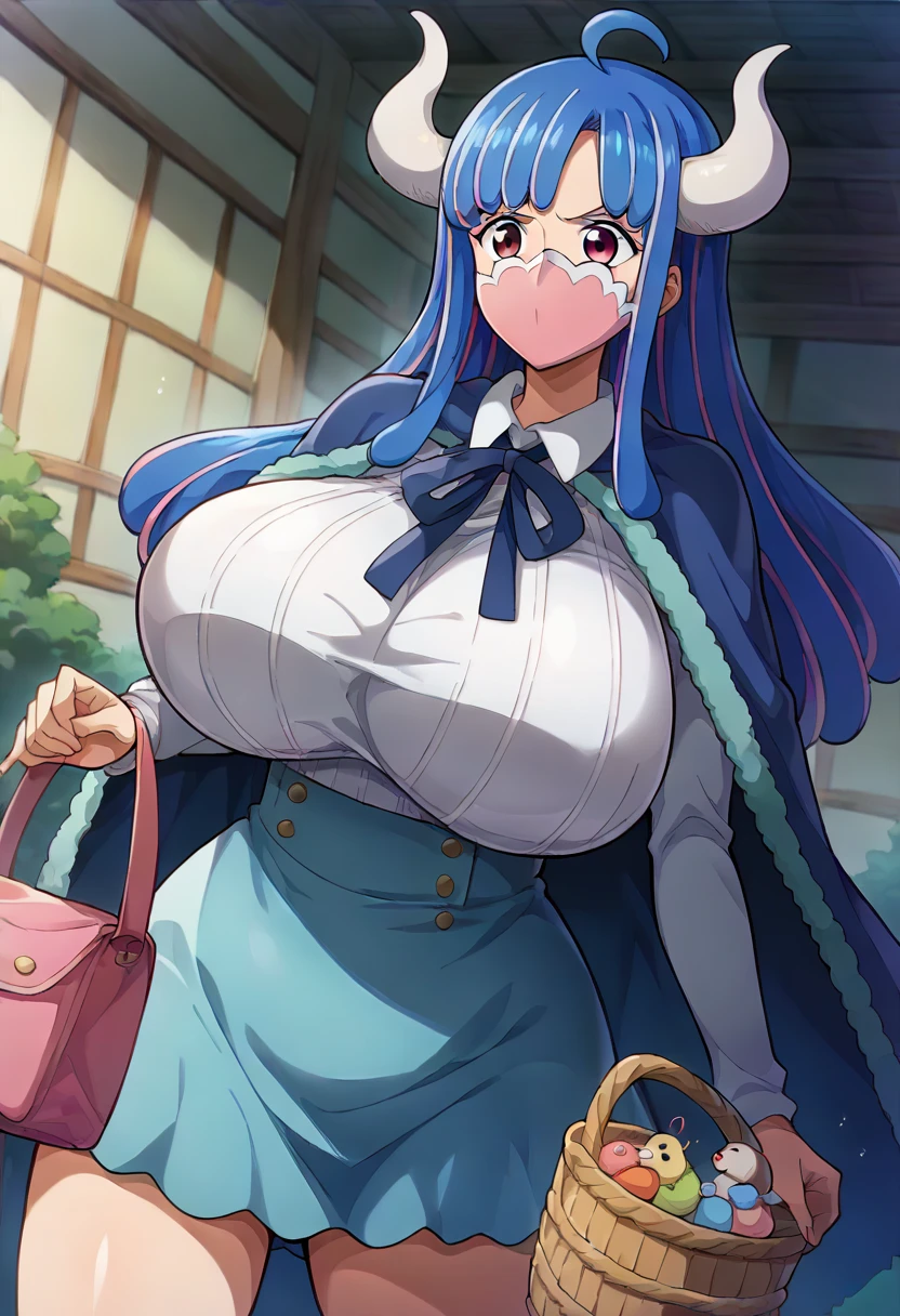  adult ,  long hair,  multicolor hair,  blue hair, Ahoge, horn, Pink Eye,  mouse mask,  pink mask,  Big Breasts ,  blue cape ,  neck ribbon, Ribbed knit shirt,  white shirt,  Long Sleeve ,  high waisted skirt with basket,  blue skirt、 zzz c up , Bursting Chest,特大の Big Breasts,Big Breasts, Busty,超Busty, supermilk,big Breasts,big Breasts,Big Breasts,Big big breasts,bigger breasts,big,セクシーな大きなシリコンの Big Breasts,セクシーなビッグサイズのシリコン製Big Breasts, saggy breasts,((垂れ下がった Big Breasts)),((重く垂れた Big Breasts:1.5))、Obscene body,Fat ,,  erotic manga style body、 mature mature body steam、Sアップer huge、Sアップer huge、 sアップer exaggerated 、 extra large、 over covered ,  Hidden Breast Erections 