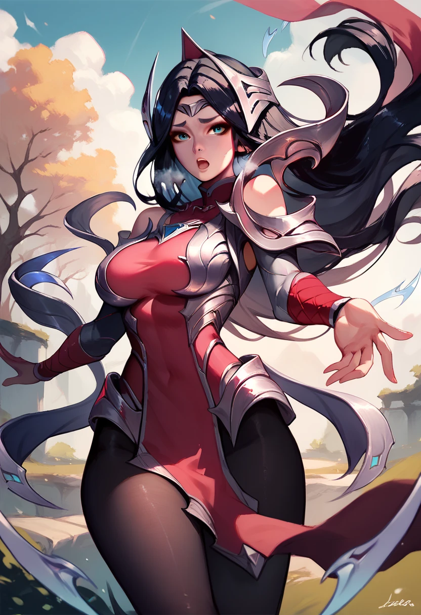 score_9, score_8_up, score_7_up, Irelia, blue eyes, pantyhose, floating blades, black hair, outdoors, bare shoulders, 1girl, solo, looking at viewer, collar, breath, large breasts, open mouth, armor, long hair, black pantyhose, standing