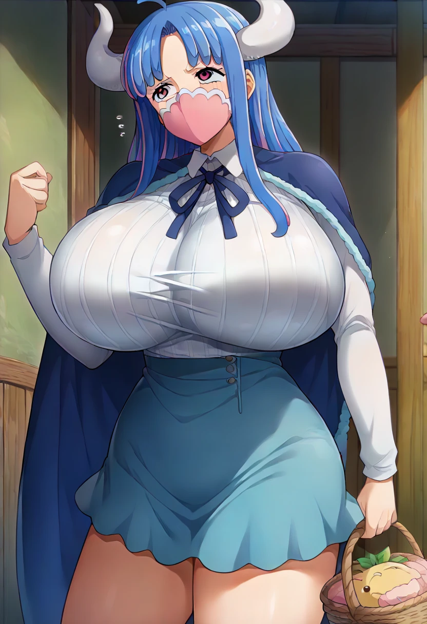  adult ,  long hair,  multicolor hair,  blue hair, Ahoge, horn, Pink Eye,  mouse mask,  pink mask,  Big Breasts ,  blue cape ,  neck ribbon, Ribbed knit shirt,  white shirt,  Long Sleeve ,  high waisted skirt with basket,  blue skirt、 zzz c up , Bursting Chest,特大の Big Breasts,Big Breasts, Busty,超Busty, supermilk,big Breasts,big Breasts,Big Breasts,Big big breasts,bigger breasts,big,セクシーな大きなシリコンの Big Breasts,セクシーなビッグサイズのシリコン製Big Breasts, saggy breasts,((垂れ下がった Big Breasts)),((重く垂れた Big Breasts:1.5))、Obscene body,Fat ,,  erotic manga style body、 mature mature body steam、Sアップer huge、Sアップer huge、 sアップer exaggerated 、 extra large、 over covered ,  Hidden Breast Erections 