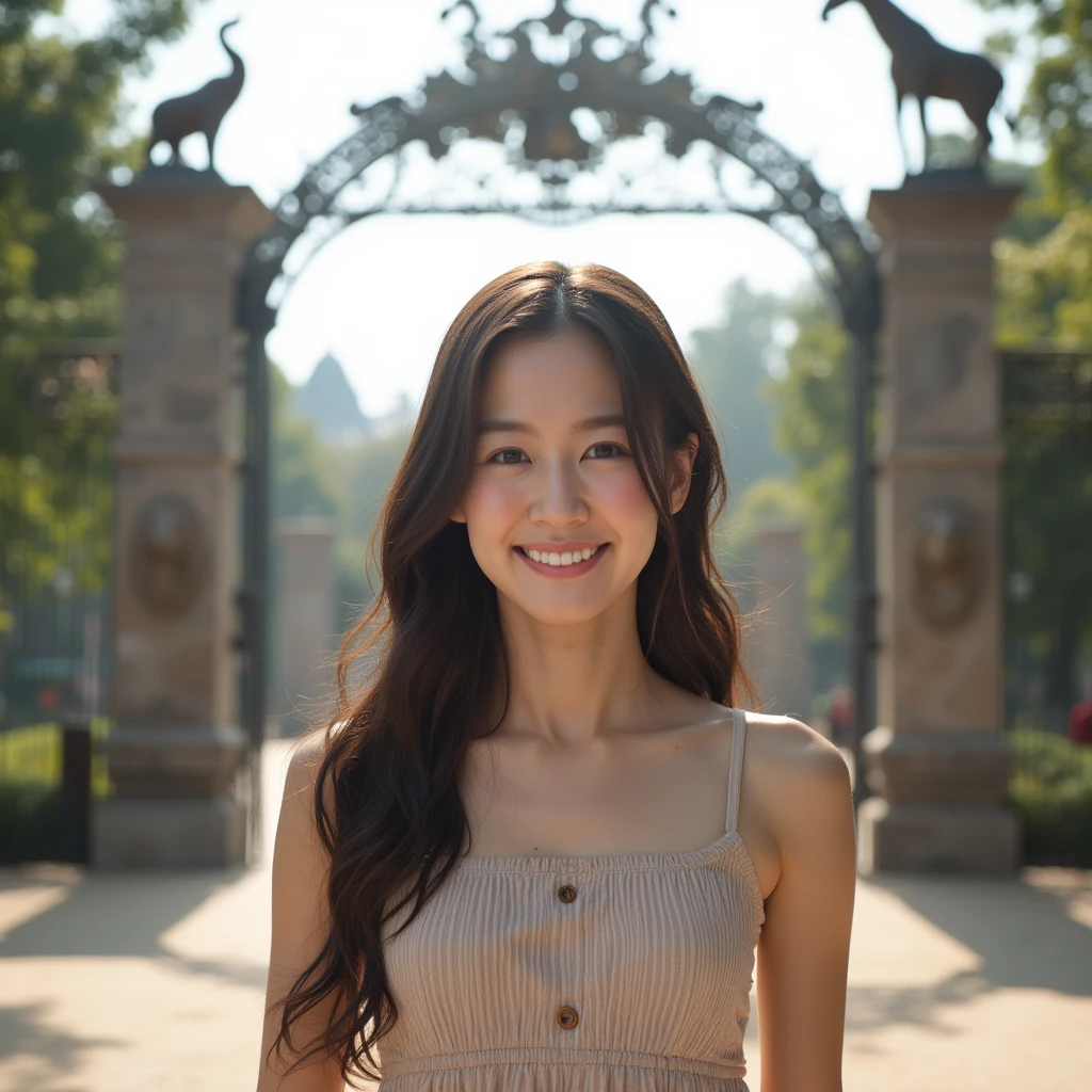 Portrait of a young beautiful asian woman. She is smiling and posting elegantly in front of entrance into Zoo.  She looks like happy and excited. The entrance of zoo is adored by a huge gorgeous Gate with the various animal-figures. Behind that , there is to see the huge Park with trees and different buildings. The sunlight shines very nice.