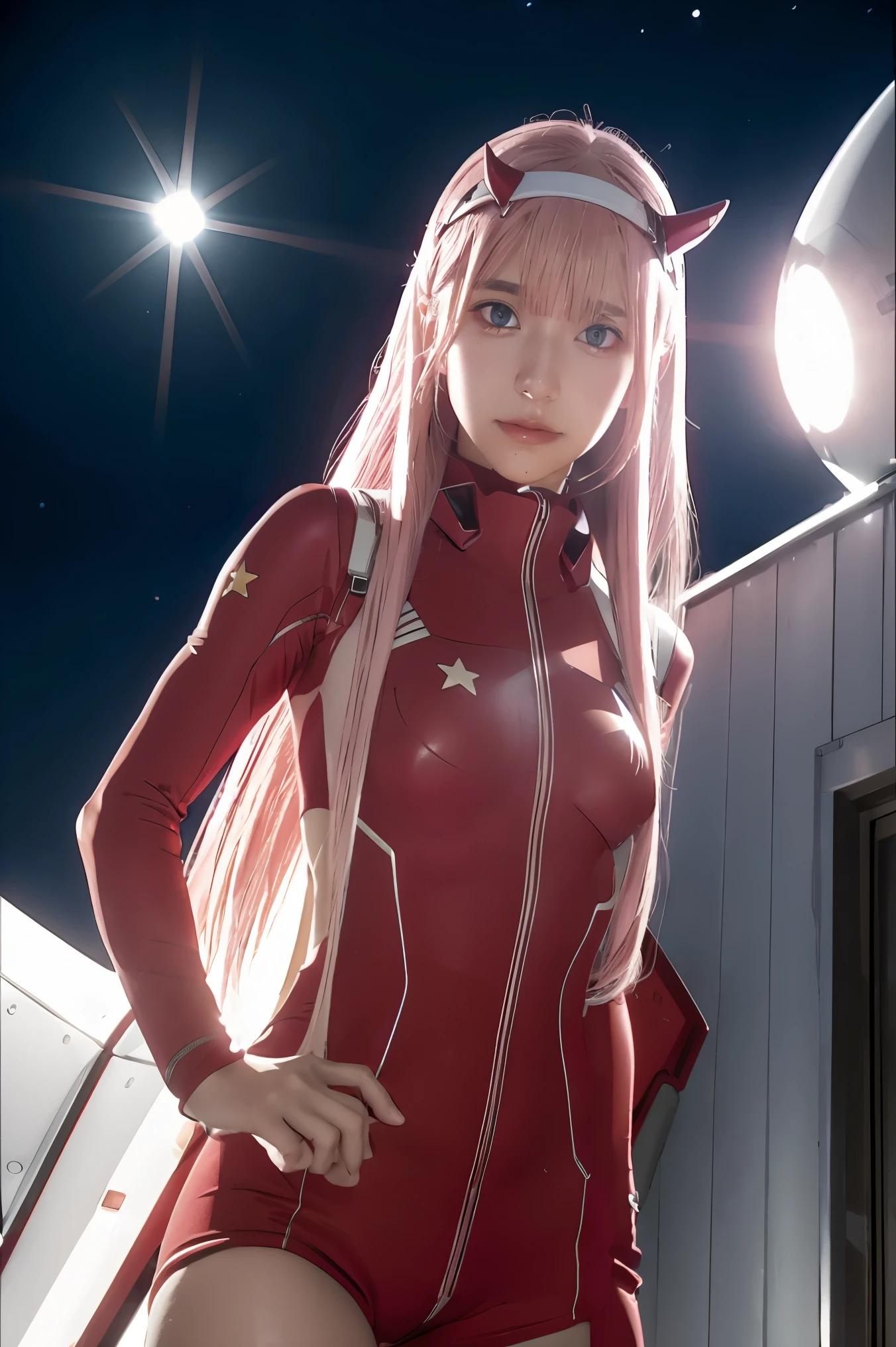 dynamic angle,ultra-detailed, illustration, straight on, 1girl, ((Zero two, interface headband with a pair of horns, red bodysuit:1.4, pink hair)), Her eyes shone like dreamy stars,(glowing eyes:1.233),(beautiful and detailed eyes:1.1),(expressionless, closed mouth),(standing), (mechanic room with tools and spaceship window in a white SPACESHIP), (night:1.2), dreamy, [[delicate fingers and hands:0.55]::0.85],(detail fingers), smirk,