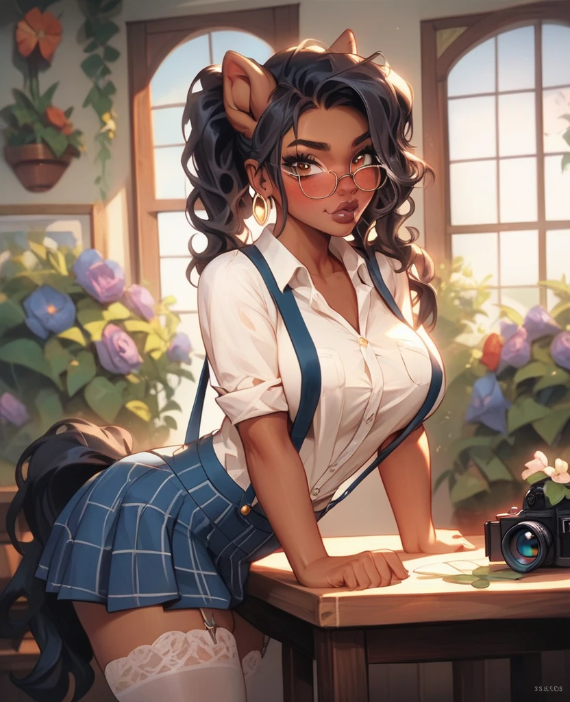 Masterpiece, highest quality, high resolution, extreme detail, 1 woman, 18 year old female with dark skin bent over a table, chest on table, dark skin, large breasts, dark lips, eye liner, blushing cheeks, long black hair in 2 very large pony tails, blue gingham skirt, lace panties, white thigh high stockings, (suspenders:1.5), glasses, seductive look, looking at camera, 3/4 long shot, cowboy shot, greenhouse, flowers, next to large windows, stained glass windows,