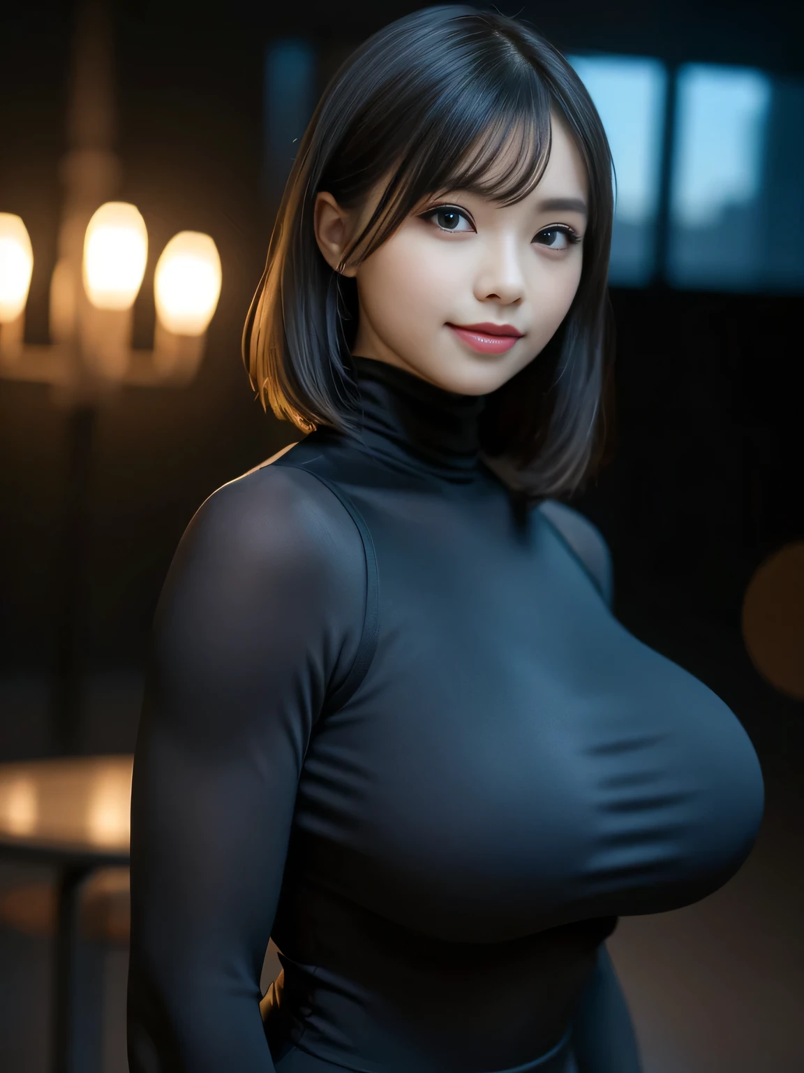 (Matte tight dress:1.3), High-neck, Long sleeve, Breasts accentuates, Breasts is in the frame, Tight short skirt, (Looking at the viewer:1.5), Outdoors,
8K Quality, (High Resolution:1.3), (Realistic photo:1.5), (Raw photo:1.3), Extremely detailed photo, Body that is depicted in ultra detail, Absolute masterpiece,
(Big breasts:1.2), (Lip make-up), Bangs, Short wavy bob, Ultra beautiful girl, Evil smile