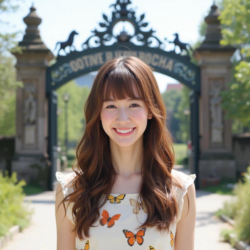 Portrait of a young beautiful asian woman. She has brown beautiful long hair with bangs, beautiful white clear skin, dressed a summer-dress with butterfly pattern.She is smiling and posting elegantly in front of entrance into Zoo.  She looks like happy and excited. The entrance of zoo is adored by a huge gorgeous Gate with the various animal-figures. Behind that , there is to see the huge Park with trees and different buildings. The sunlight shines very nice.