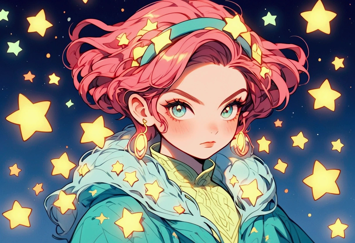 A vibrant anime-style illustration of a young girl wearing a glowing neon green outfit that shimmers with brilliance, radiating a theme of hope. Her expression is serene yet determined, her short hair fluttering gently in a soft breeze. The background features a luminous, ethereal sky with twinkling stars and glowing orbs of light, symbolizing optimism and renewal. Delicate, abstract patterns of energy swirl around her, enhancing the overall feeling of inspiration and brightness.