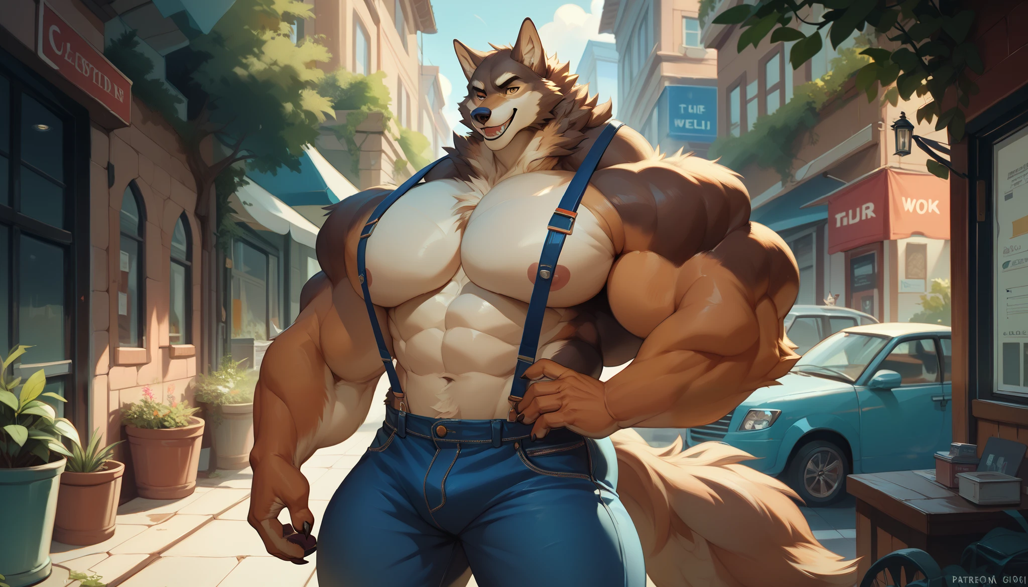 masterpiece, detailed, muscle wolf, (((wolf))), furry, hypertrophy, muscular, little definition, broad shoulders, ((giant body)), massive pecs, huge back, ((small head)), long neck, brown fur, pants, suspenders, standing, solo