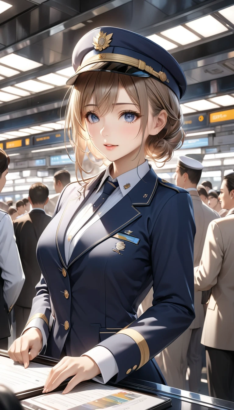  Detailed digital CG unit with extreme quality,  Ultra Realistic Animation , Super Fine,  digital illustration, BREAK Trains Waiting ,  Female Conductor Giving Signals ,  Safety Confirmation Before Departure ,  High Class and Strict Simple Uniforms, Uniform cap, sense of cleanliness,  Amidst Everyday Chaos 々, A bustling station,  Lots of People Getting On and Off 、 people offering their blessings to you々, Super Retina, Sharpness,  dynamic angle,  Soft Focus, 