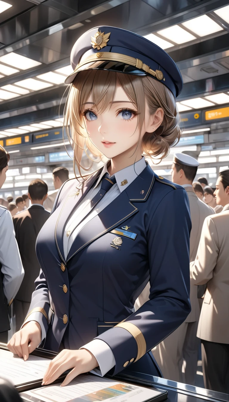  Detailed digital CG unit with extreme quality,  Ultra Realistic Animation , Super Fine,  digital illustration, BREAK Trains Waiting ,  Female Conductor Giving Signals ,  Safety Confirmation Before Departure ,  High Class and Strict Simple Uniforms, Uniform cap, sense of cleanliness,  Amidst Everyday Chaos 々, A bustling station,  Lots of People Getting On and Off 、 people offering their blessings to you々, Super Retina, Sharpness,  dynamic angle,  Soft Focus, 