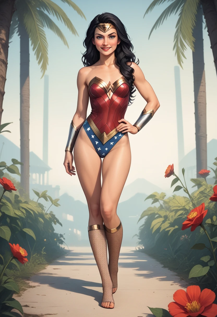 ((full body shot, standing, feet on the ground)) Wonder Woman, masterpiece, best quality, highly detailed, score_9, score_8_up, score_7_up, score_6_up, anime source,BREAK, 2girl, solo, unclothed, nude , long hair, blue eyes, flower, hair bow, small breasts, bow, looking at viewer, freckles, parted lips, smile, full body, red lips, lips, leather ballet slippers, side facing, She looks for you, your gauze hurts, fishnets, white background, neutral cast
