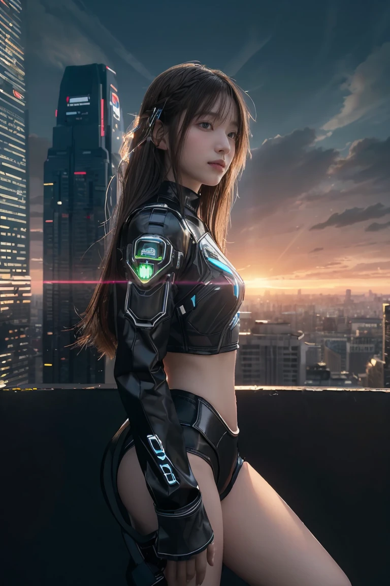 ((masterpiece, best quality, extremely detailed), volumetric lighting, ambient occlusion, colorful, glowing), 
1girl, solo, young girl, (dark hair), long hair, halo, aura, sacred, godness, cyber suit, (black outfit:1.3), android, bot, cybernetic wings,
outdoors, sunset, sky, clouds, space, (cyberpunk theme:1.2),