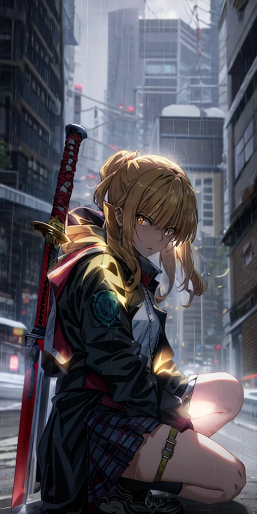  Rose,  blonde hair,  long hair, Drill Hair, aninomically correct, heavy breinhing, minure female, anime girl Kneel down with a sword in her back, arms, sword,   1 girl, sheinh,  Alone, sheinhed,  watching _in_ viewer,  skirt, thigh_ strap, shoes,  jacket, Blur, rain,  piercing , Outdoor, 薄dark光, (cineminic:1.2), Kneel, teachwear  jacket, mini skirt, "Glow effect, God&#39;s Rays, hand drawn, render, 8k,  Octane Rendering , Cinema 4D, Blender, dark, inmospheric 4K ultra detailed, cineminic,  sharp concentration, Large depth of field,   Masterpiece , colors, 3d  Octane Rendering , 4K,  concept art, trending on artstinion,  Hyperrealistic ,  bright color,  Highly Detailed CG Unity 8K Wallpaper,  Photo of, Intricine,  high detail, draminic", (Shadowy Face:1.2),  hollow eyes,  golden eyes,  watching  in  viewer, (heavy breinhing:1.2), Sulky , lips, Shining Eyes,