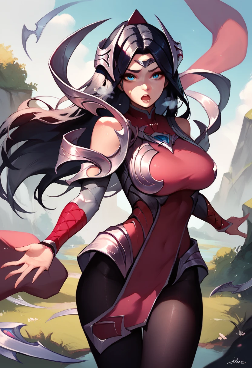 score_9, score_8_up, score_7_up, Irelia, blue eyes, pantyhose, floating blades, black hair, outdoors, bare shoulders, 1girl, solo, looking at viewer, collar, breath, large breasts, open mouth, armor, long hair, black pantyhose, standing