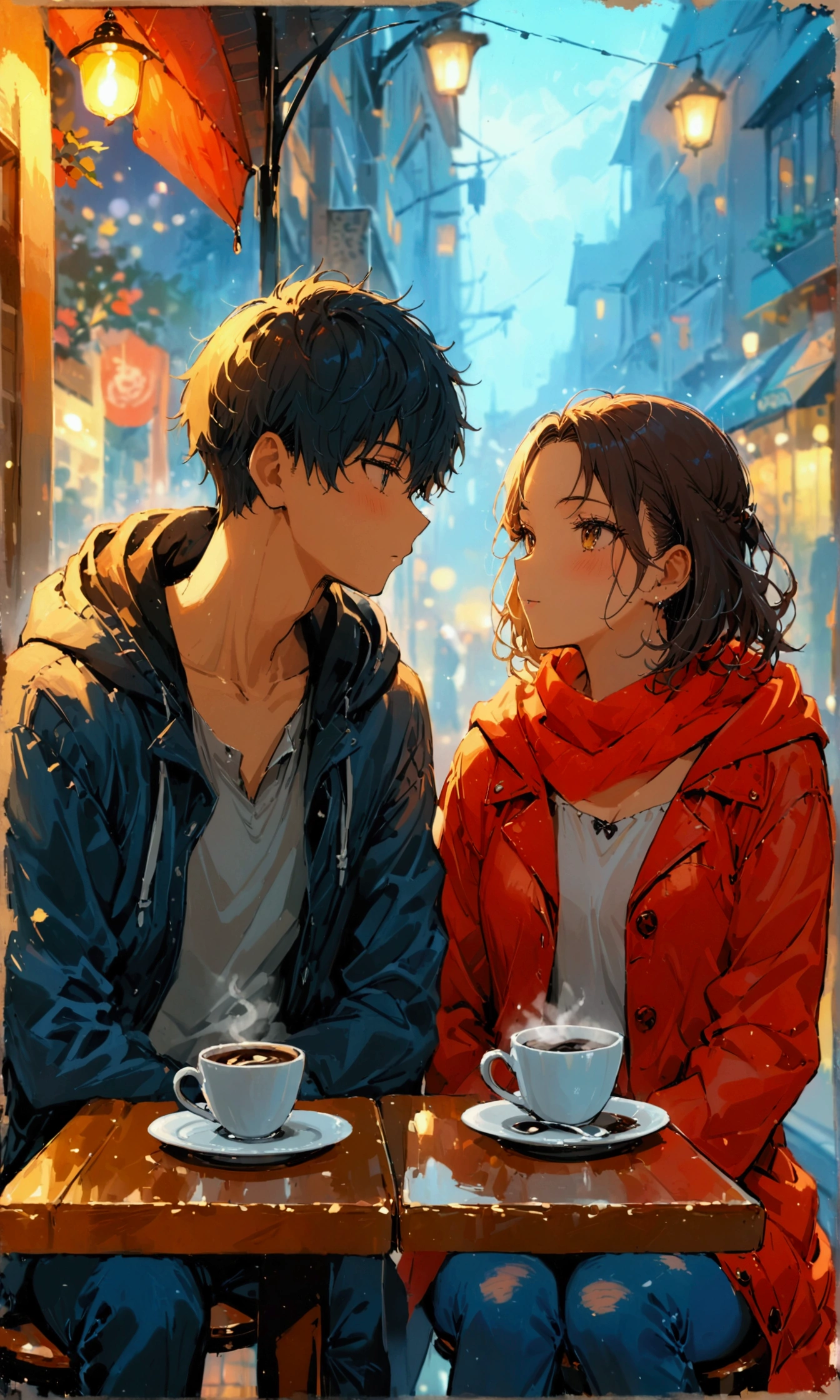 (masterpiece), best quality, Teenage boy and girl, GHIBSKY style, GHIBSKY style painting, siting in coffee cafe, evening weather