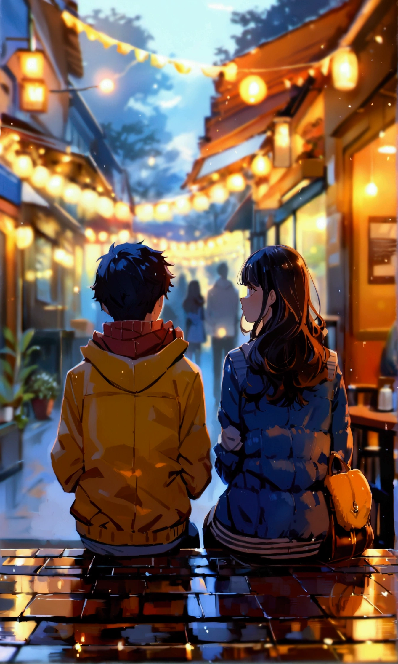 (masterpiece), best quality, Teenage boy and girl, GHIBSKY style, GHIBSKY style painting, siting in coffee cafe, facing each other, evening weather