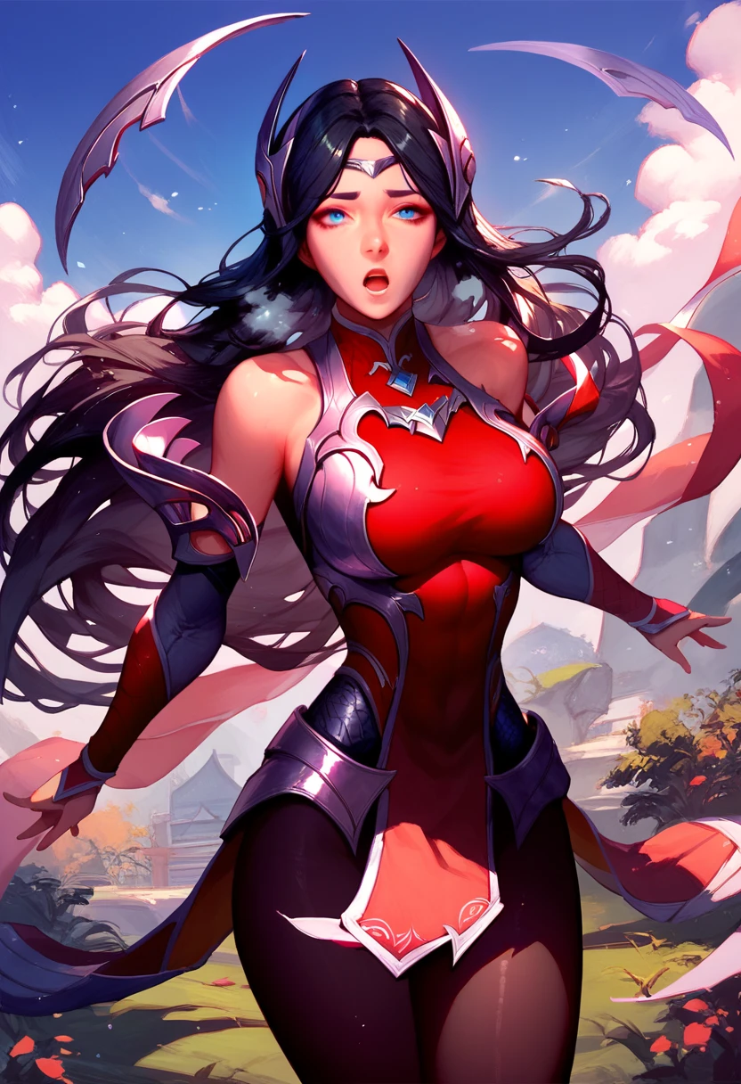 score_9, score_8_up, score_7_up, Irelia, blue eyes, pantyhose, floating blades, black hair, outdoors, bare shoulders, 1girl, solo, looking at viewer, collar, breath, large breasts, open mouth, armor, long hair, black pantyhose, standing