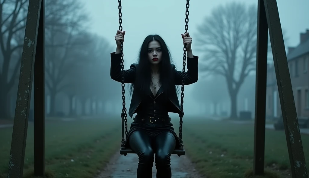 Luis Royo Style young woman, black leather rock style, very white skin, black long hair, red color lipstick on her lips, cold mystery cloudy  England, Luis royo, swings on an old swing in the park, A foggy, abandoned small-town at dusk