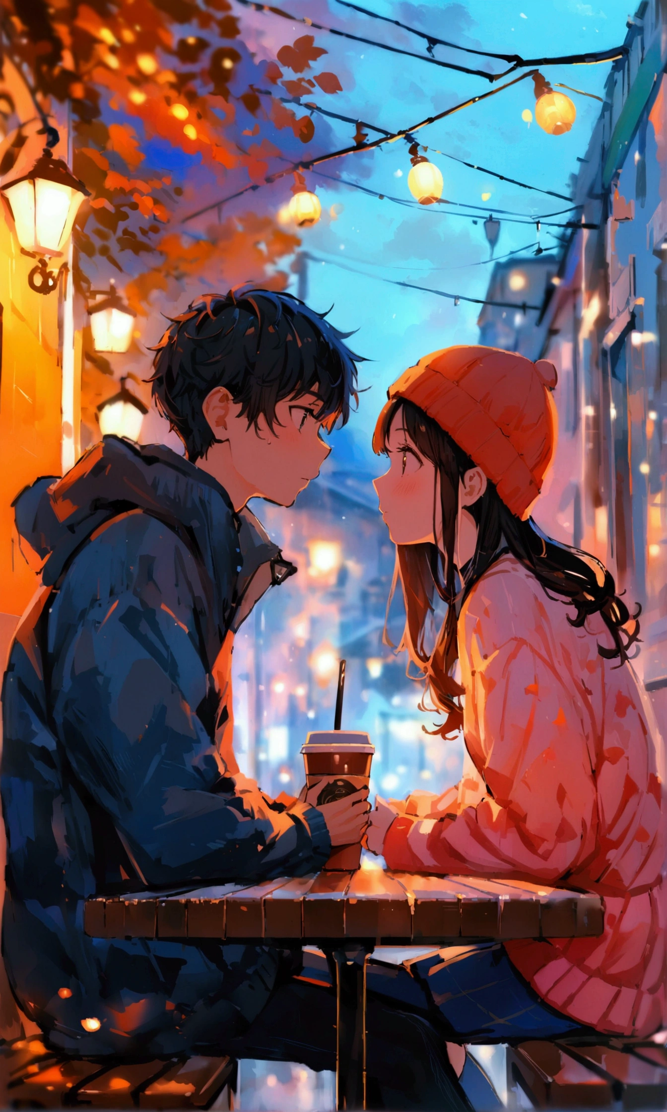 (masterpiece), best quality, Teenage boy and girl, GHIBSKY style, GHIBSKY style painting, siting in coffee cafe, facing each other, side by side, evening weather