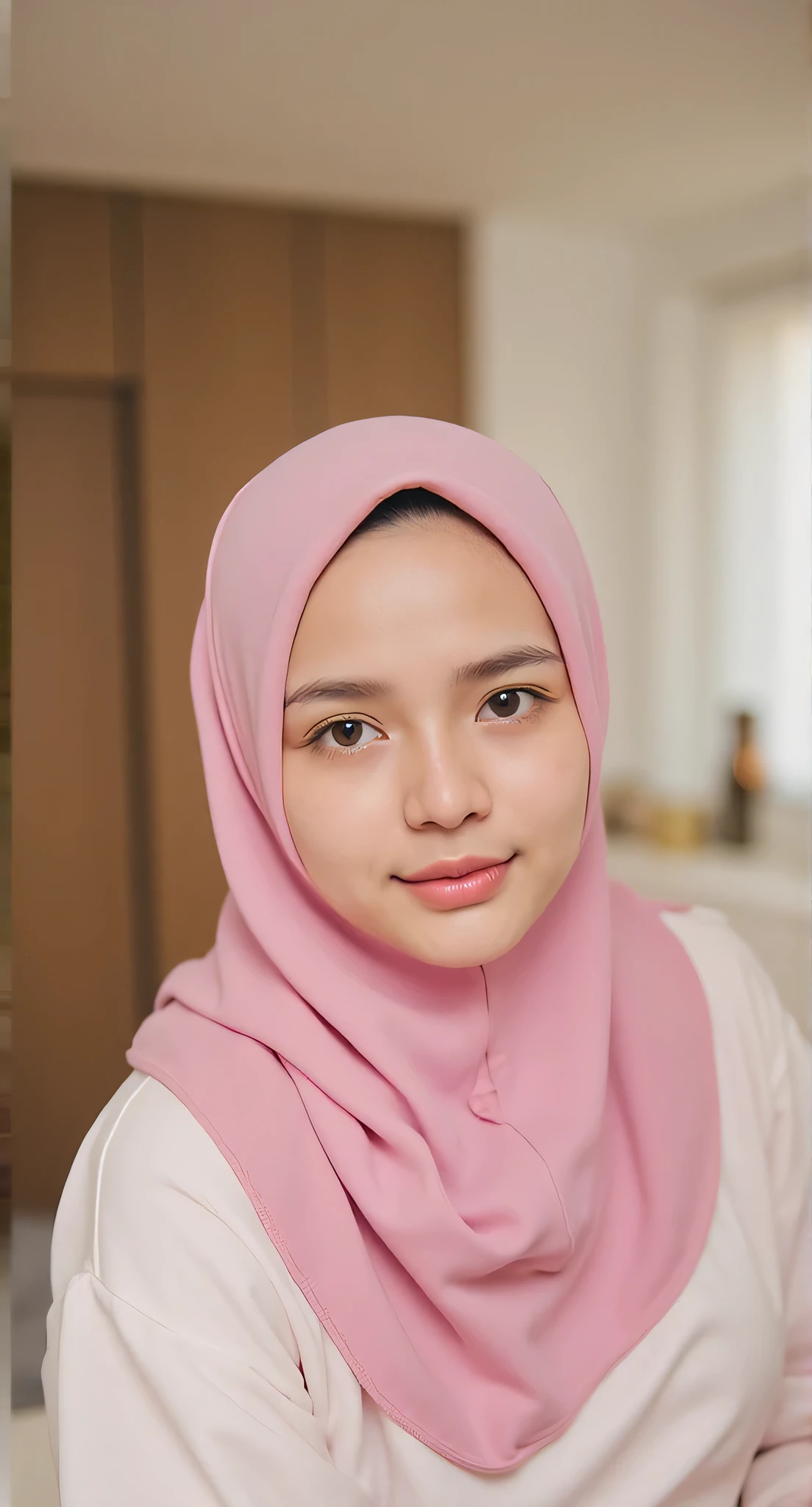 4k, masterpiece, best high quality, ultra-detailed, (ultra realistic:1.3), (clean photo:1.2), (ultra high resuliton:1.3), (soft lighting:1.2), (perfect image coloring), (bright lighting:1.2), indonesian face, beautiful face, perfect indonesian girl, aged 26, (plump body), chest forward, smooth skin, thin smile, background in the bedroom, (A girl wearing hijab with housedress)), full body view photos, high nose, thick lips, (huge breasts), ((wear hijab pashmina)), eyeballs wearing eye lenses, bulging eyes, randomly naughty pose, wearing full hijab pashmina
