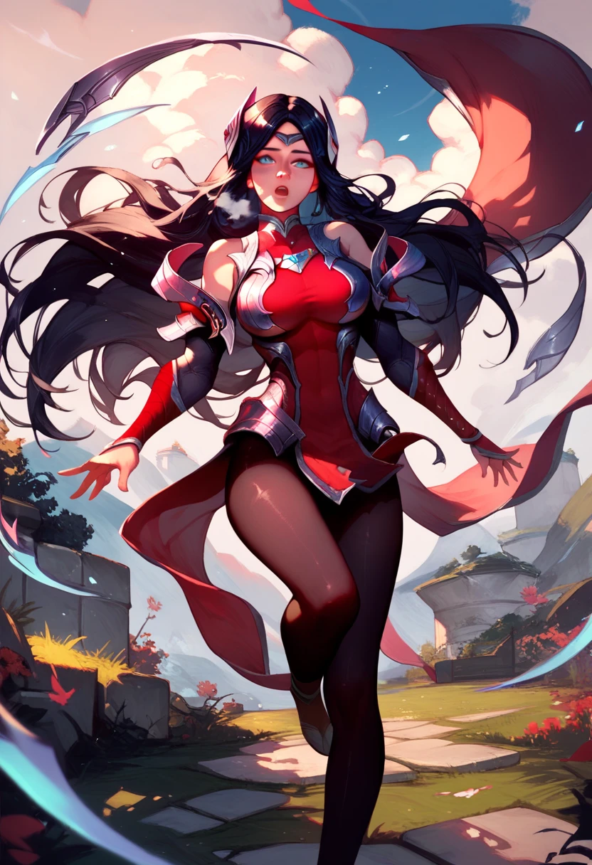 score_9, score_8_up, score_7_up, Irelia, blue eyes, pantyhose, floating blades, black hair, outdoors, bare shoulders, 1girl, solo, looking at viewer, collar, breath, large breasts, open mouth, armor, long hair, black pantyhose, standing