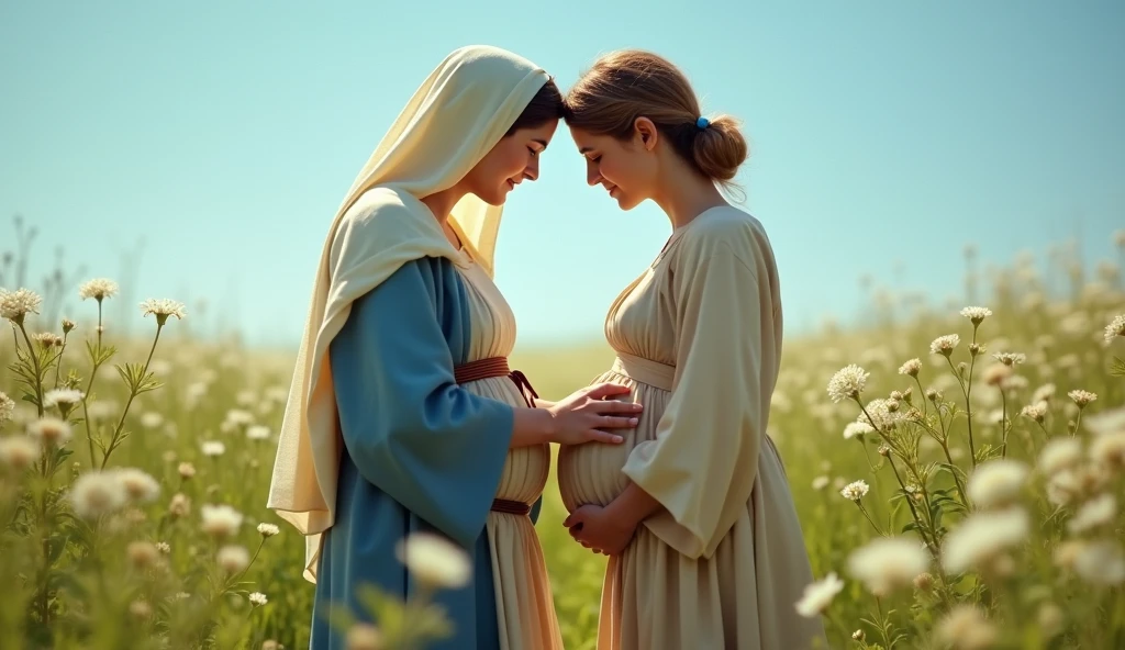 Isabel, Primeiro por Maria , mother of Jesus, pregnant, with your hands on your belly, Biblical character