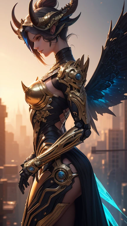 dskcntrst, 1girl, solo, yellow theme, duotone, looking at viewer, brown eyes, weapon, cowboy shot, wings, sword, hood, armor, gauntlets, feathered wings, LimitBreakStyler, <lora:ContrastStyle:0.8>