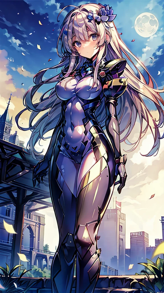   best quality ,  Official Art,   Masterpiece , Fabric Shading,  high definition ,  very detailed,  colorful ,  maximum details, fantasy, suit, 1 female, Age 25,   best quality ,  Official Art,   Masterpiece , Fabric Shading,  high definition ,  very detailed,  colorful ,  maximum details, fantasy, battle suit,1 female, Age 25,  steps, castle town with old castles , sunny, unkempt hair,  Big Breasts ,  skinny,Confetti falling、Blessed、welcome:1.5、 camel toe :1.3,  neutral color :1.9,(cure moonlight,  hair ornament behind the school, blue rose,)